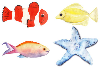 Hand painted watercolor fishes and starfish