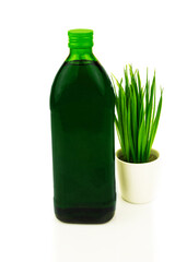 Green healthy superfood concept. Glass bottle of chlorophyll drink with fresh grass, wheat. Isolated on white background.