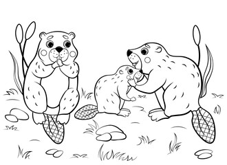 Cute cartoon beaver family vector coloring page outline. Vector image with nature background. Coloring book of forest wild animals for kids