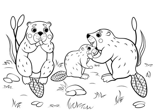 Cute cartoon beaver family vector coloring page outline. Vector image with nature background. Coloring book of forest wild animals for kids
