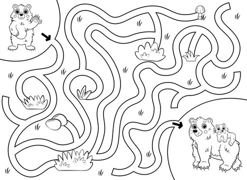 Help the little lost bear find the way to his mom. Cartoon maze or labyrinth game for preschool children. Puzzle. Tangled road. Forest animals for kids. Black and white for coloring
