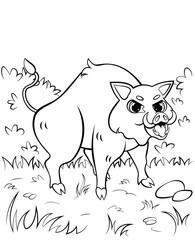 Coloring page outline of angry cartoon hog or boar attacking. Vector image with forest background. Printable coloring book of forest wild animals for kids