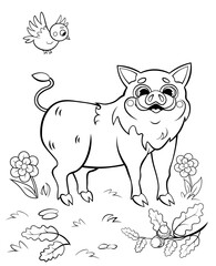 Fototapeta na wymiar Coloring page outline of cute cartoon hog or boar with a bird. Vector image with forest background. Printable coloring book of forest wild animals for kids