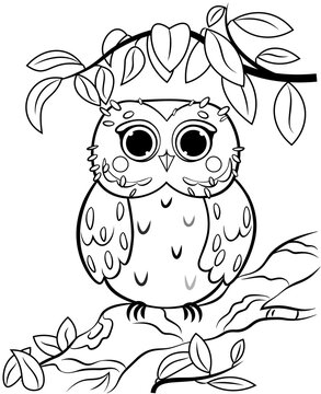Printable coloring page outline of cute cartoon owl on a tree branch. Vector image with nature background. Coloring book of forest wild animals for kids