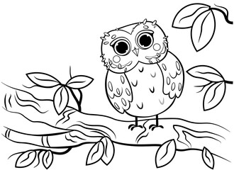 Printable coloring page outline of cute cartoon owl sitting on a tree branch. Vector image. Coloring book of forest wild animals for kids