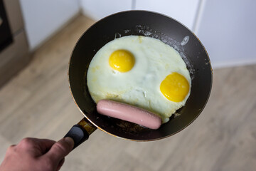 Fried eggs with sausage in a pan