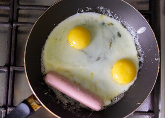 Fried eggs with sausage in a pan