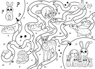 Help the little lost hare find the way to his family. Printable maze or labyrinth game for preschool children. Puzzle. Tangled road. Forest animals for kids. Black and white for coloring