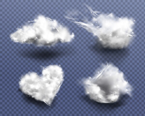 Cotton wool pieces in shape of cloud and heart isolated on transparent background. Vector realistic set of soft balls of wool fiber or white fur, medical cotton swabs