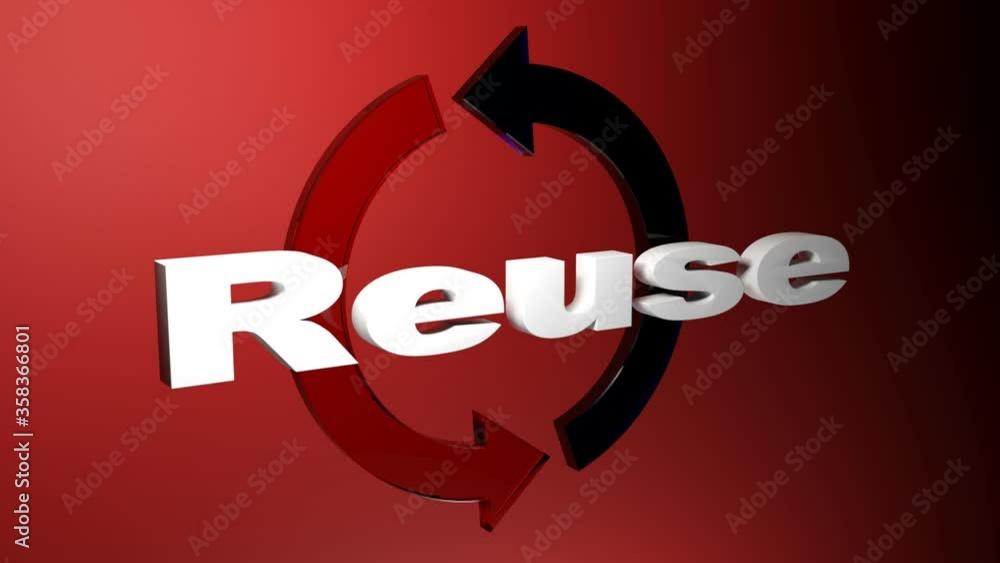 Poster the write reuse in white letters, in front of two rotating arrows, over a red background - 3d render