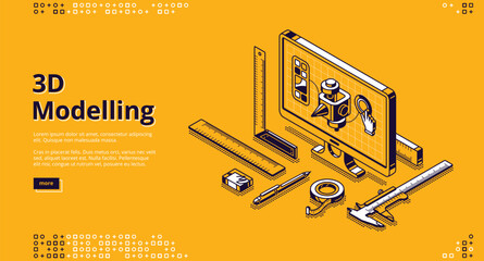 3D modelling banner. Software for digital render object, development design for print. Vector landing page with isometric model on computer screen and measure tools on yellow background