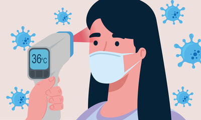 covid 19 coronavirus, hand holding infrared thermometer to measure body temperature, woman check temperature vector illustration design - obrazy, fototapety, plakaty