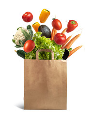 recyclable paper bag with explosion of flying vegetables, concept healthy food and ecological recycling