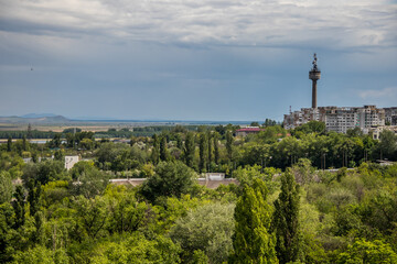 Fototapeta na wymiar Aerial view of the Galati city in summer season and Television Tower, Romania