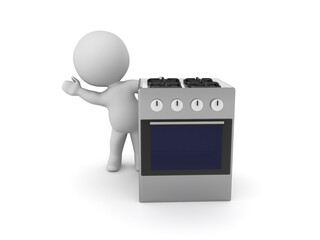 3D Character waving from behind gas stove