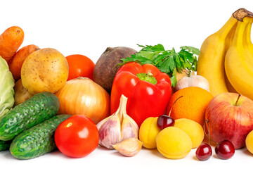 Naklejka na ściany i meble Healthy food background. Vegan organic vegetables and fruits on white. Banner for supermarket.