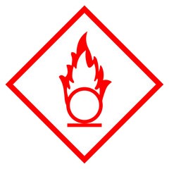 Warning flame over circle vector sign isolated on white background
