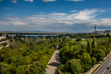 Aerial view of the Galati city in summer season and Television Tower, Romania