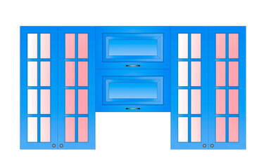 Flat illustration. Interior design elements. Blue hinged cabinets with glazing for the kitchen. Isolated on a white background.