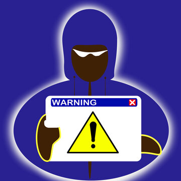 in line with system warning text graphic white cross in red square, programmer clothed in hoodie looking into device in the dark, exclamation mark highlighted in yellow triangles wanders on monitor