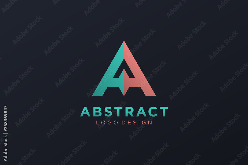 Poster abstract initial letter a logo. green red geometric triangular with arrow combination isolated on bl