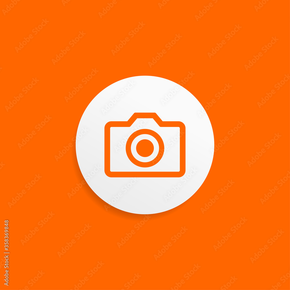 Poster camera icon vector. orange linear rounded shape in white circle shape with shadow isolated on orange