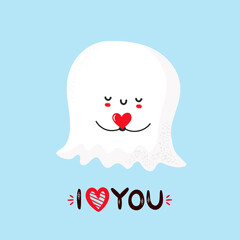 Cute smiling ghost holding heart in hands
