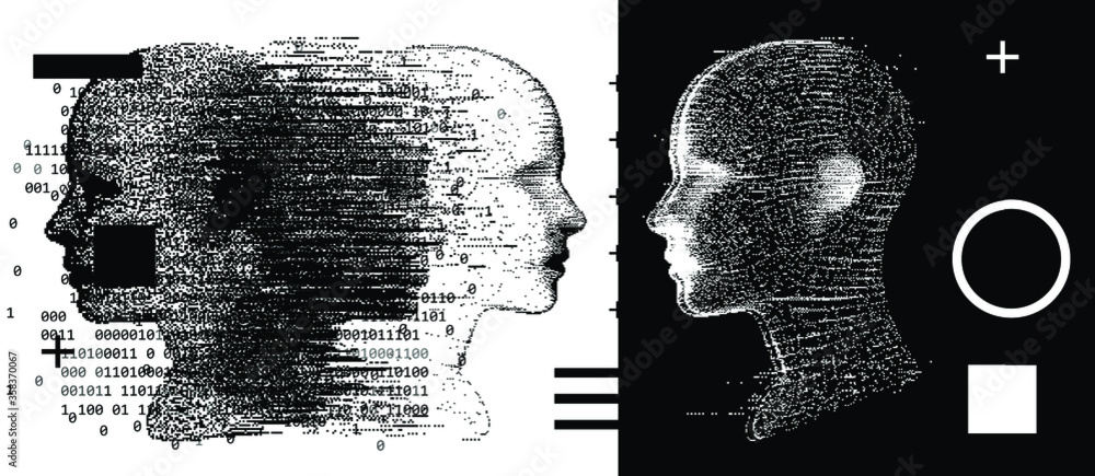 Poster artificial intelligence and virtual reality concept. 3d human head made of pixels.