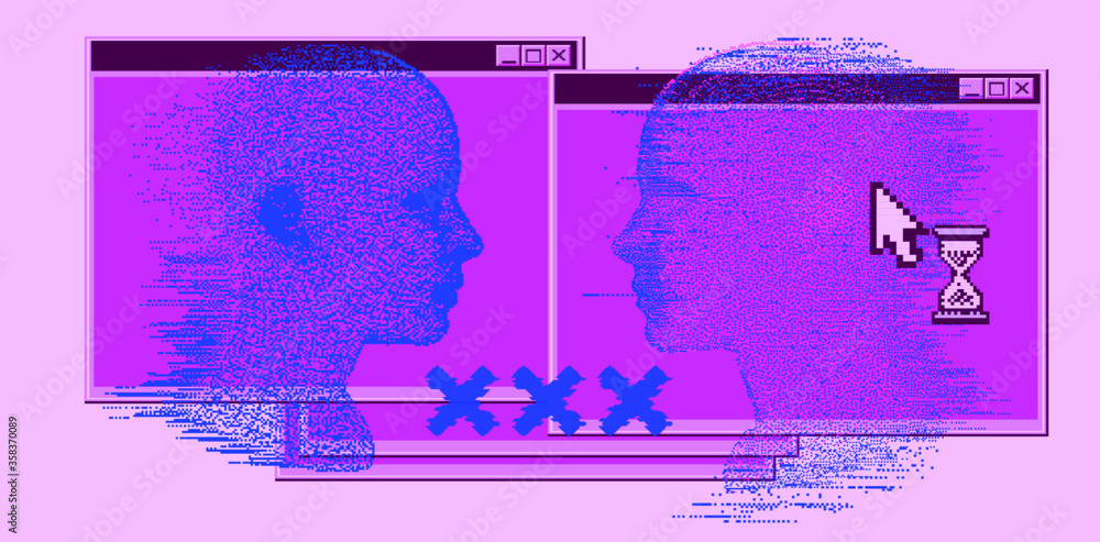 Poster artificial intelligence and virtual reality concept. 3d human head made of pixels in neon vivid colo