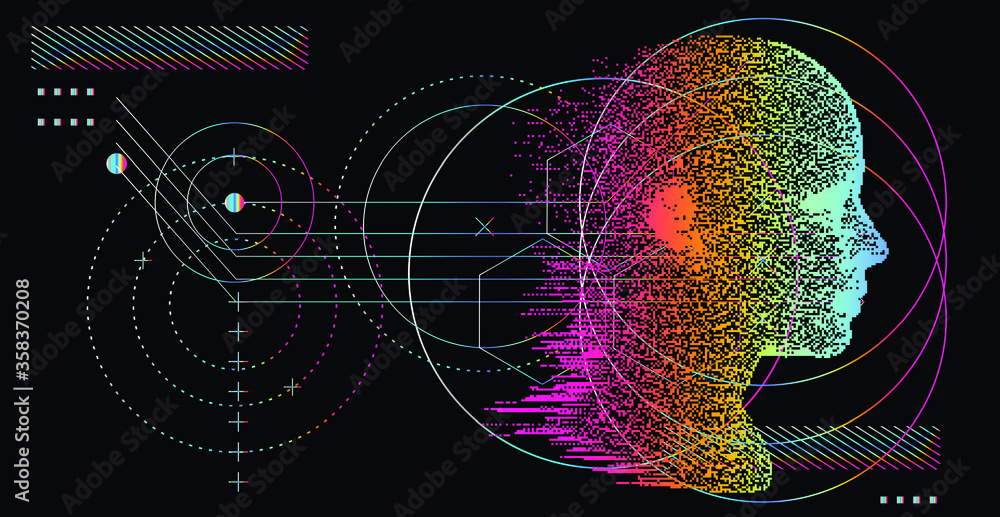 Poster artificial intelligence and virtual reality concept. 3d human head made of pixels in neon holographi