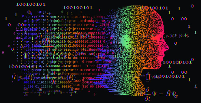 Artificial Intelligence and Virtual Reality concept. 3D human head made of pixels in neon holographic vivid colors on dark background.