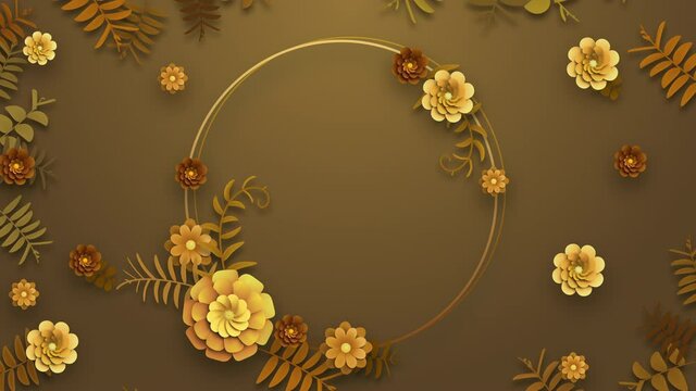 Flower frame, radial composition. Thin golden circle strokes appearing in the middle. Leaves, flowers growing and blooming. 3D Render. Gold colored floral, herbal pattern. Dynamic greeting 4K template