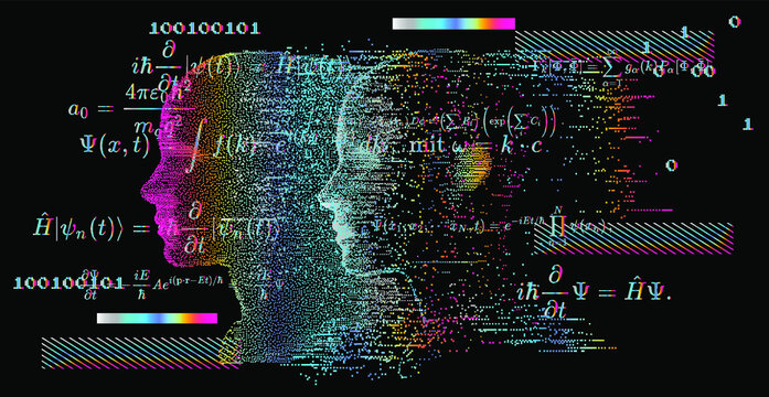 Artificial Intelligence and Virtual Reality concept. 3D human head made of pixels in neon holographic vivid colors on dark background.