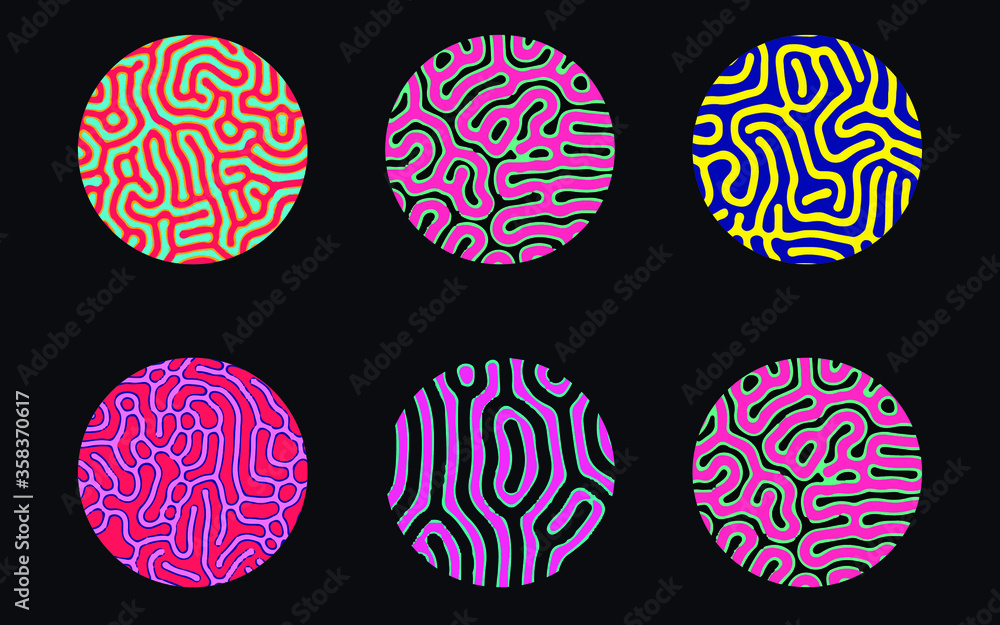 Aufkleber Set of circles with Reaction–diffusion or Turing pattern made by generative art computer algorithm that models chemical and physical phenomena.