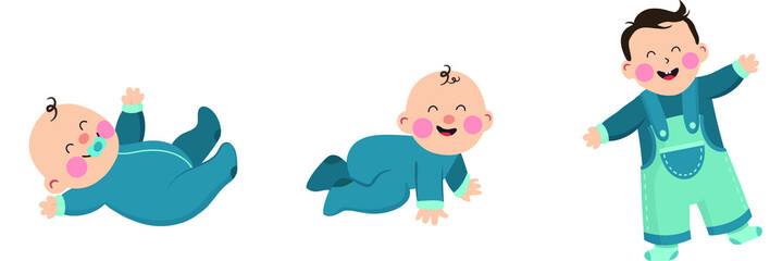 Naklejka premium Growing process of cute little baby vector illustration. Toddler growing steps vector illustration