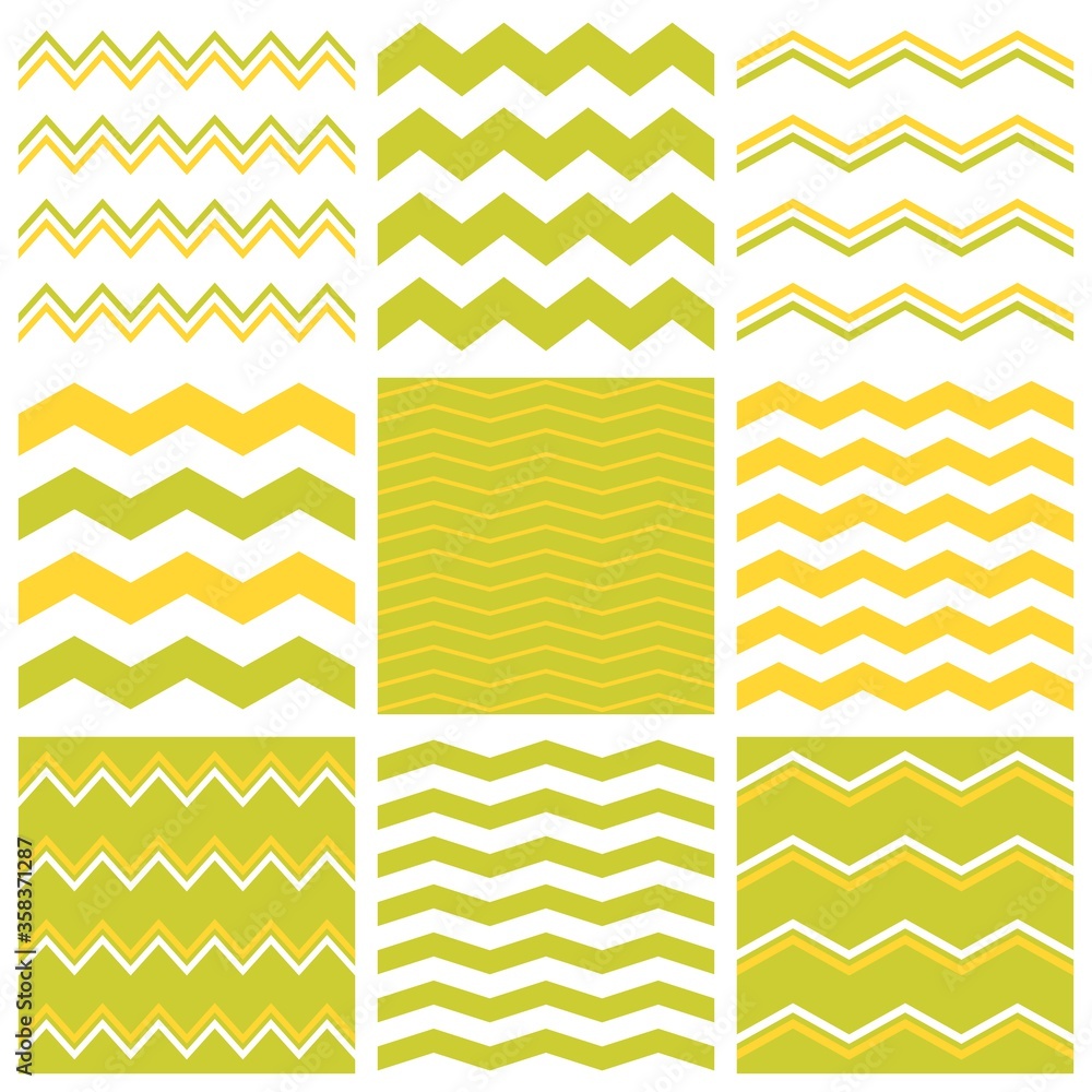 Poster tile vector pattern with yellow, white and green zig zag print background