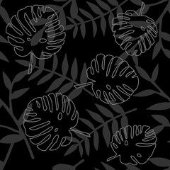 Tile tropical vector pattern with leaves on black background