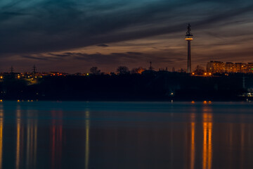Fototapeta na wymiar Television Tower and Danube River from Galati at sunset,Romania
