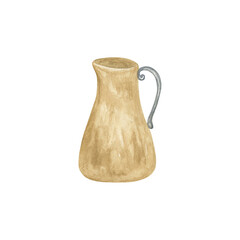 Watercolor hand drawn vintage milk or water jug in rustic style simple isolated kitchen utencil