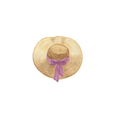 Summer protective hat with violet bow, women's beach accessory, isolated object, summer vacation, travel symbol, hand drawn watercolor illustration on white background for invitations, greeting cards