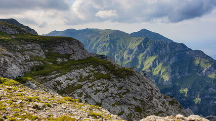 Fototapeta premium Romania, Bucegi Mountains, viewpoint from Galbinele Valley, mountains in the mountains