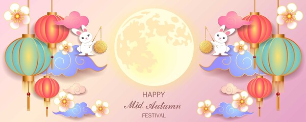 Mid autumn festival / Chinese festival with the moon, moon cake, cloud, rabbits, lantern  and flowers on color paper. Vector illustration © Pawan