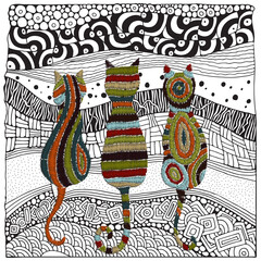 Embroidery Cats. Artistically ethnic pattern in Zentangle style. Adult Coloring book. Vector Embroidery home decor, ornament for textile, fashion, fabric pattern.