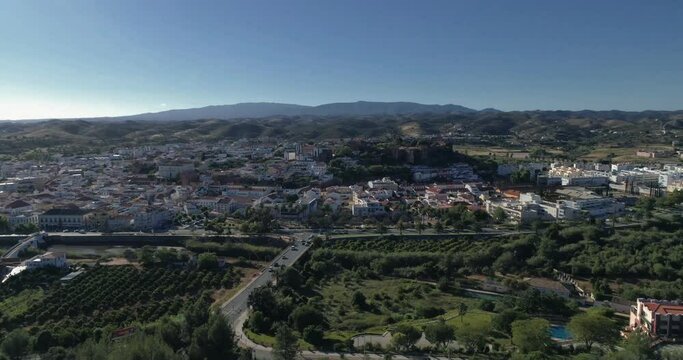 Algarve destination region, town of Silves and Castle aerial, one of the best preserved Moorish fortifications in Portugal.