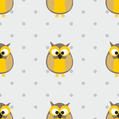 Fototapeta na wymiar Tile vector pattern with polka dots and owls on grey background