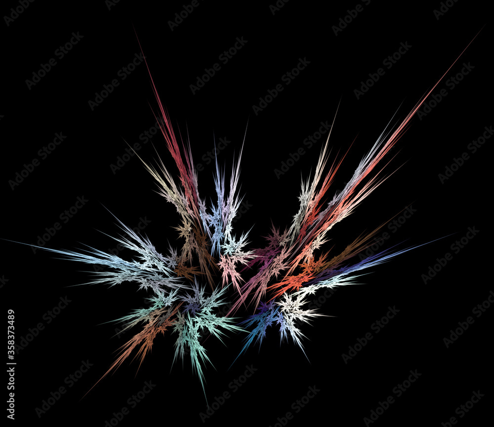 Poster abstract, fractal colorful firework or explosion on a black background. graphic design element. 3d r