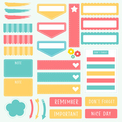 Cute paper notes in sweet color set. Printable planner stickers. Template for your message. Decorative planning element. Vector illustration.