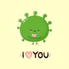 Cute smiling bacteria holding heart in hands