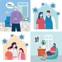 stay home, set scenes people, quarantine or self isolation vector illustration design
