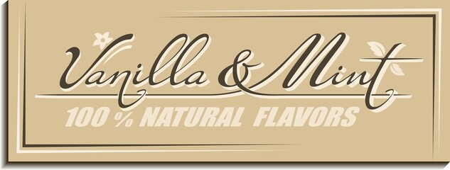 Calligraphic handwritten text Vanilla & Mint flavors with melissa leaves, flower, pod icon. Vintage concept design of brand name lettering